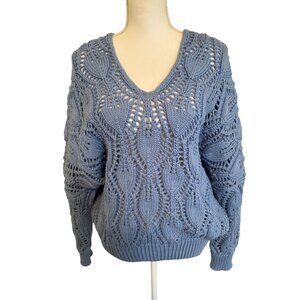 Vintage Style V-Neck Blue Crocheted Sweater By HSN For Women